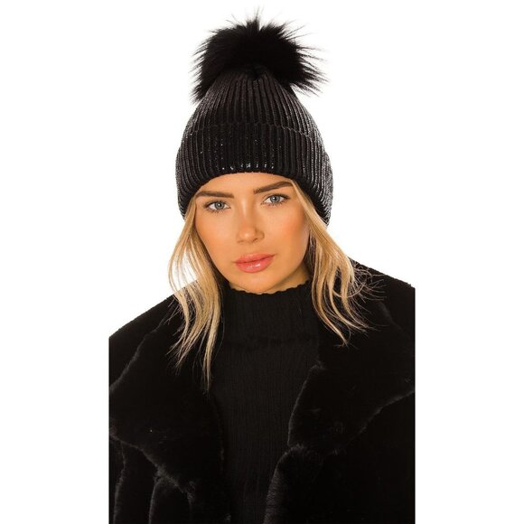Adrienne Landau Metallic Pom Hat in Black One Size New Womens Faux Fur - Picture 1 of 6